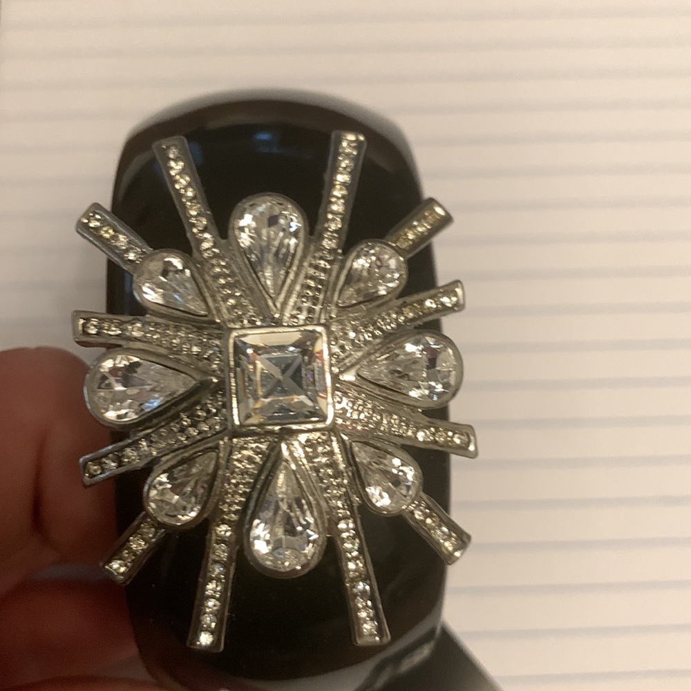 Black Resin Bangle bracelet w Deco crystal ornament in silver setting. NWT